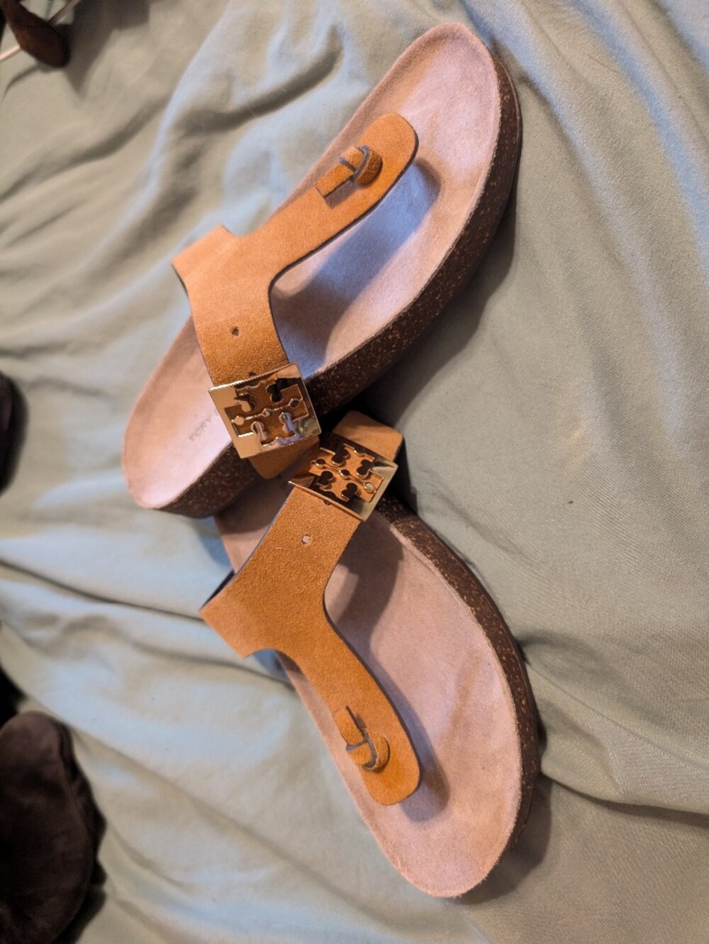 Tory Burch Tan Suede Toe-Post Slide Sandals with Buckle - Picture 4 of 4